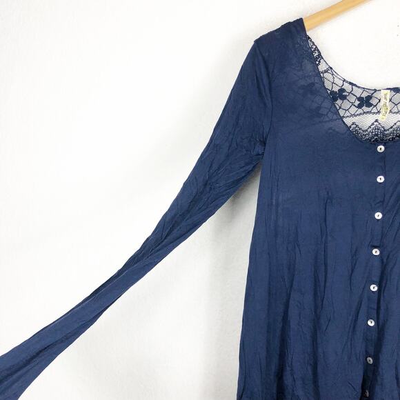 Free People Easy Breezy Jersey Lace Back Tee Smal Navy Blue Long Sleeve - Picture 9 of 13